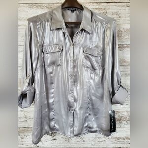Y2K Notations Metallic Silver Shimmer Button-Front Blouse with Roll-Tab Sleeves